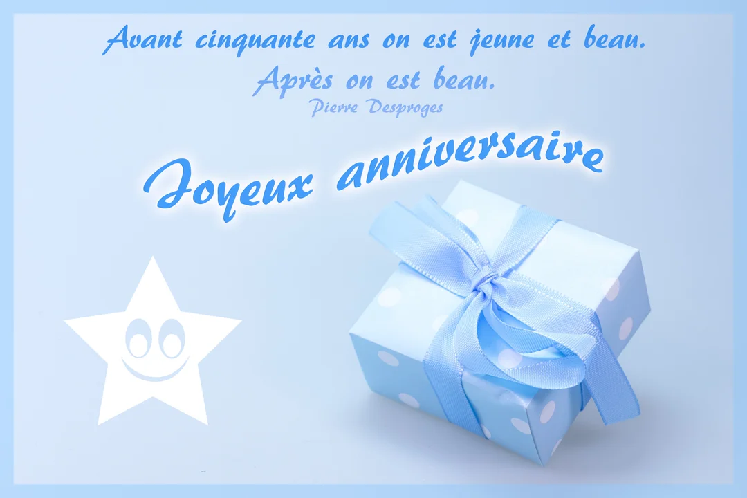 Une carte de vœux sur fond bleu pastel avec un cadeau à pois, une étoile souriante et une citation humoristique de Pierre Desproges.