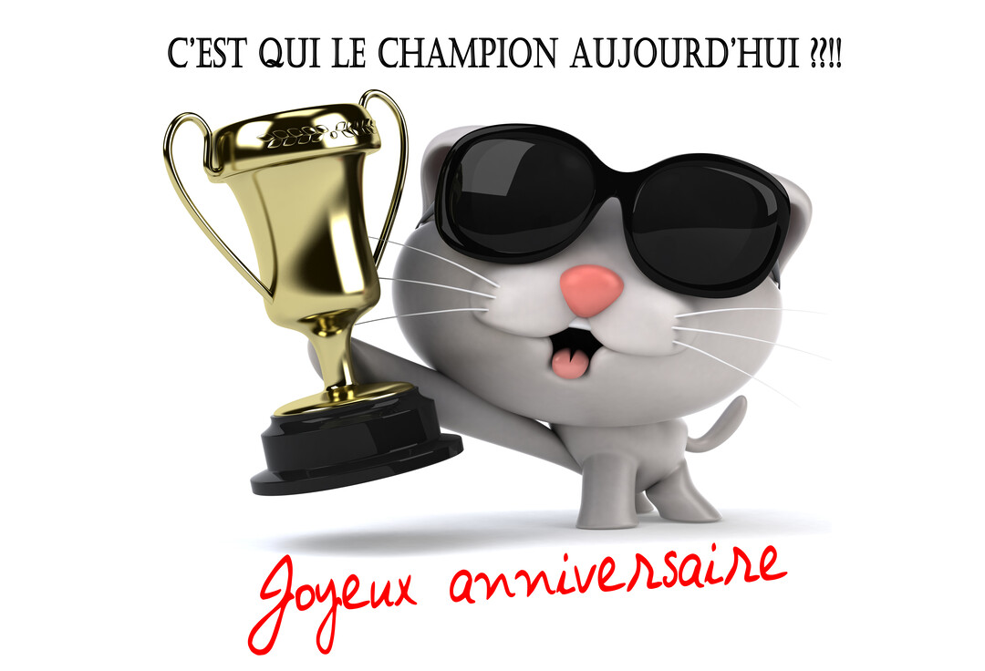 Un chat gris en 3D, coiffé de lunettes de soleil, brandit fièrement un trophée doré sur un fond blanc uni et festif.