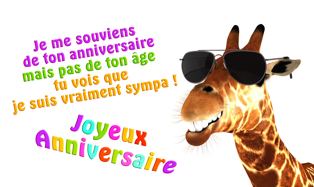 Une girafe en 3D avec des lunettes de soleil et un grand sourire est à côté d'un texte d'anniversaire humoristique multicolore sur fond blanc.
