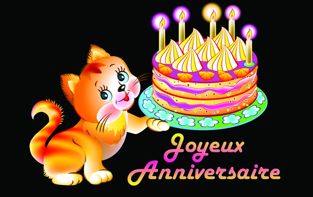Un chaton roux de style dessin animé présente un gâteau d'anniversaire multicolore à étages avec des bougies allumées, sur un fond entièrement noir.