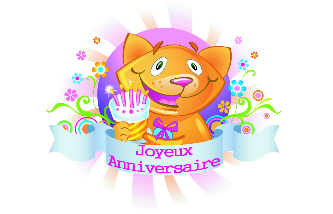 Un chat de dessin animé orange et joyeux tient un gâteau d'anniversaire, entouré de fleurs et d'une bannière "Joyeux Anniversaire".