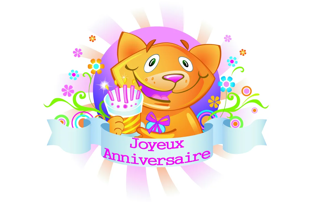 Un chat de dessin animé orange et joyeux tient un gâteau d'anniversaire, entouré de fleurs et d'une bannière "Joyeux Anniversaire".