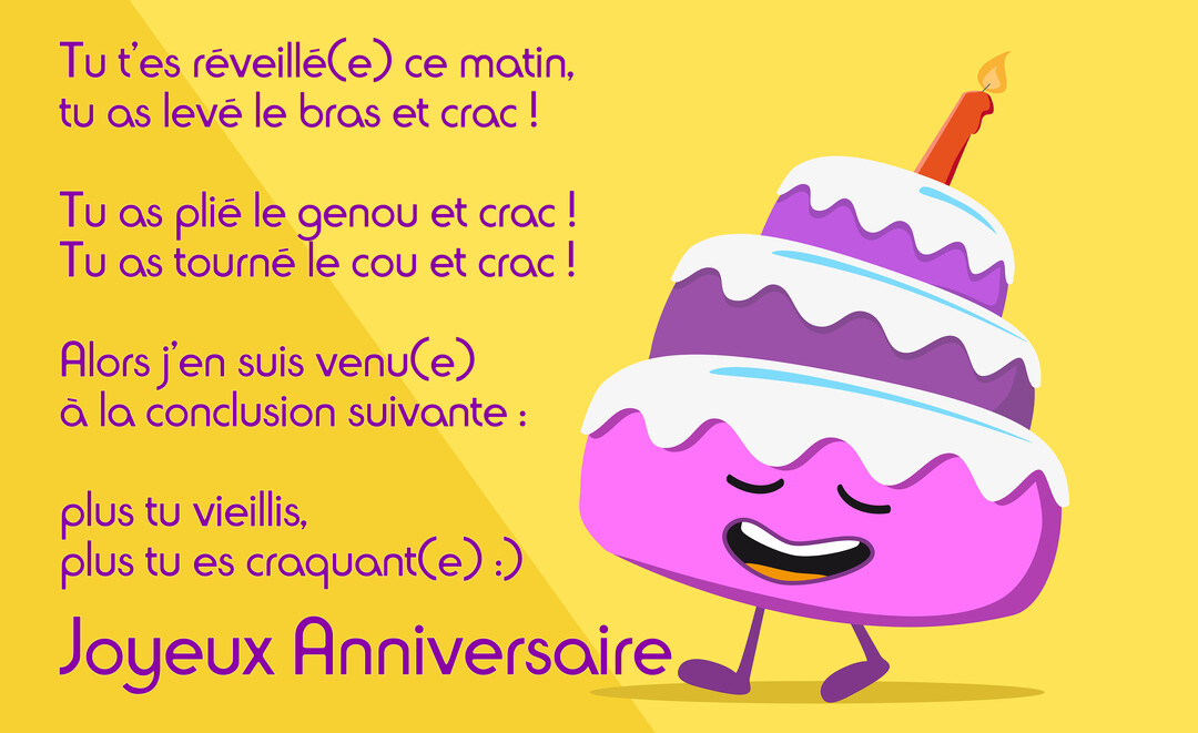 Un gâteau d'anniversaire rose et violet à trois étages, personnifié avec un grand sourire et une bougie allumée, sur un fond jaune vif.