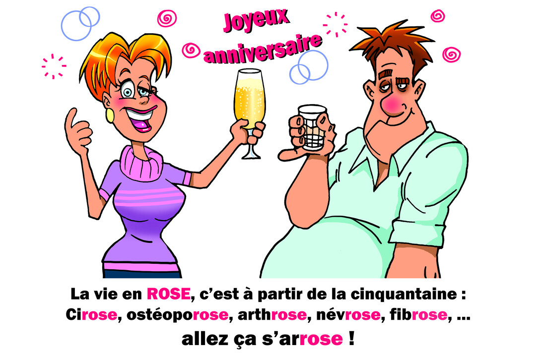 Une caricature d'un couple trinquant, la femme joyeuse et l'homme fatigué, illustrant un texte humoristique sur les maux de la cinquantaine.