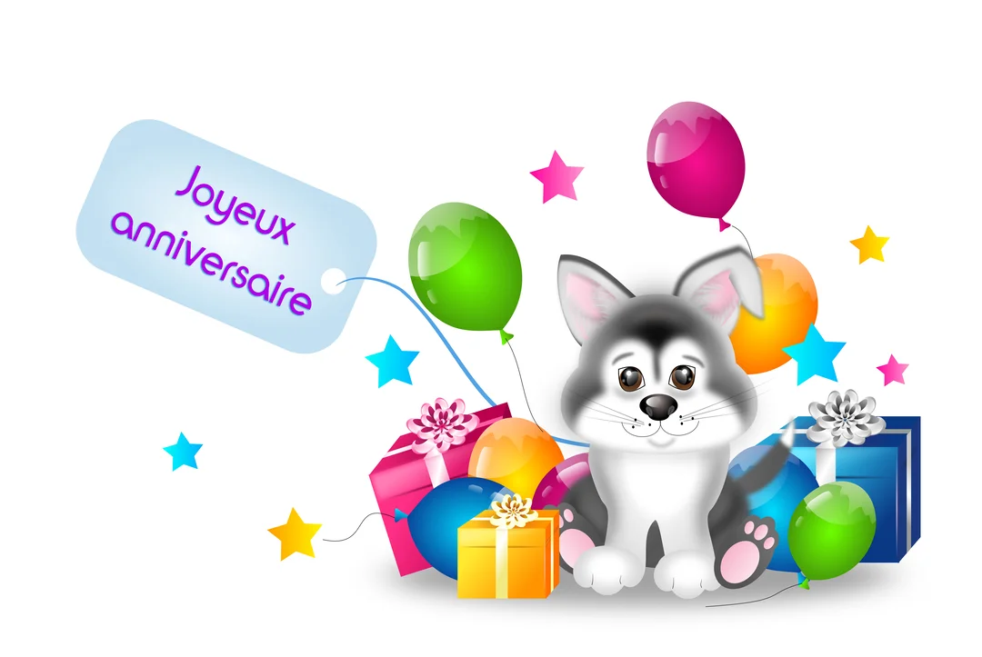 Un chiot de dessin animé gris et blanc est assis parmi des paquets cadeaux et des ballons colorés sur un fond blanc festif.