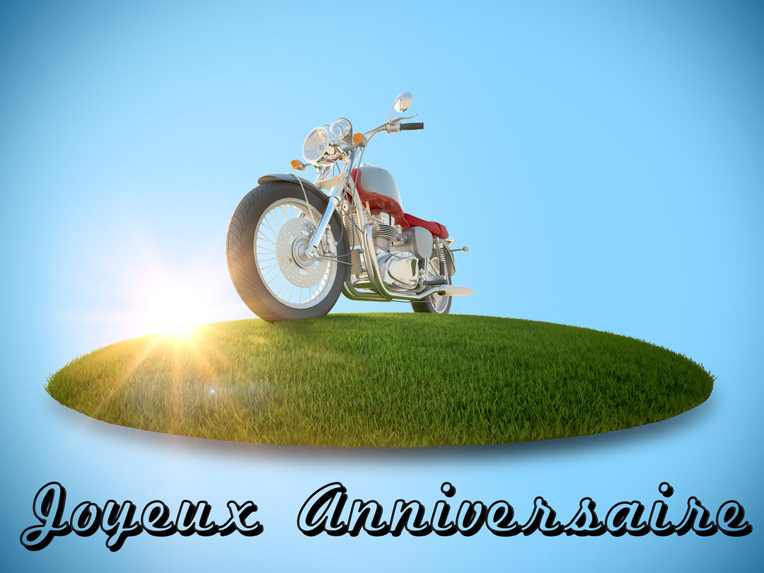 Une moto de style classique est garée sur un îlot d'herbe flottant, avec un soleil levant à l'horizon sur un fond bleu.