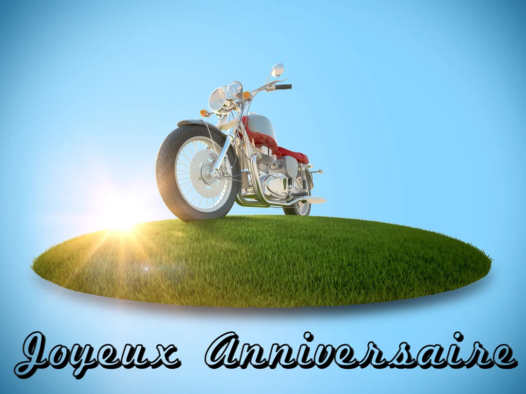 Une moto de style classique est garée sur un îlot d'herbe flottant, avec un soleil levant à l'horizon sur un fond bleu.