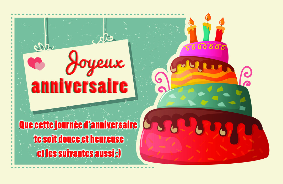Une illustration rétro d'un gâteau d'anniversaire à plusieurs étages à côté d'une pancarte souhaitant un joyeux anniversaire avec des vœux de douceur.