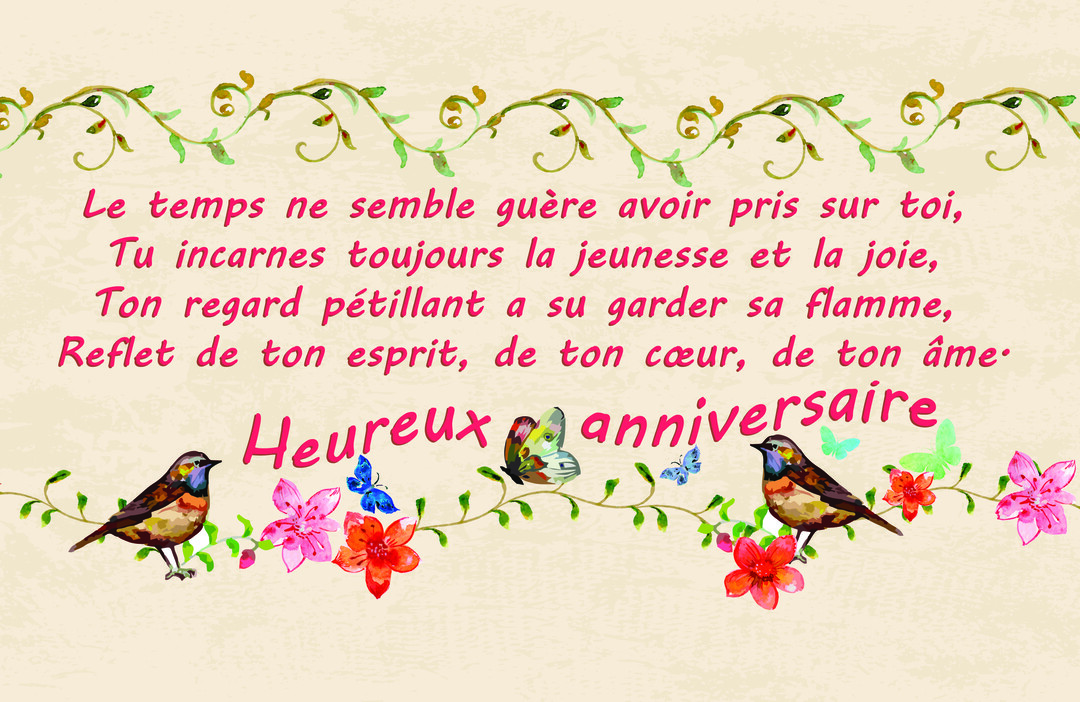 Carte d'anniversaire sur fond texturé beige avec un poème, deux oiseaux, des fleurs et des papillons colorés de style aquarelle.