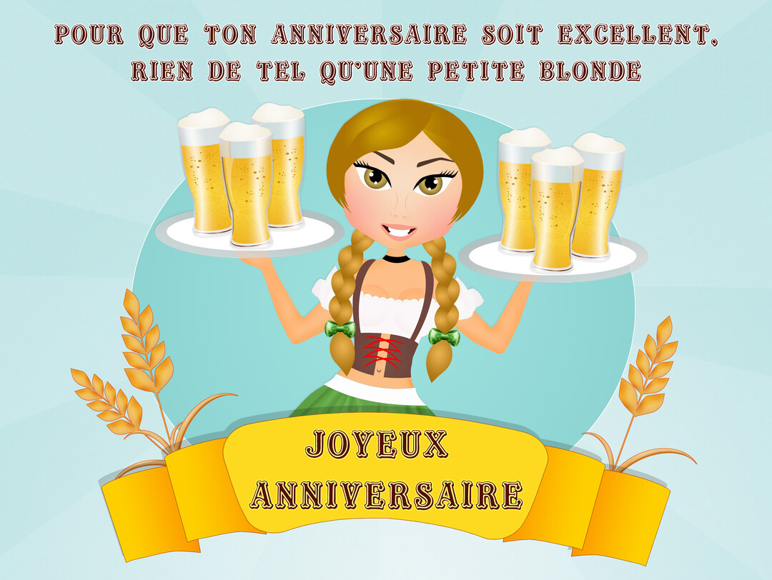 Une illustration d'une jeune femme blonde souriante, en tenue bavaroise, servant des chopes de bière pour un joyeux anniversaire sur fond bleu.