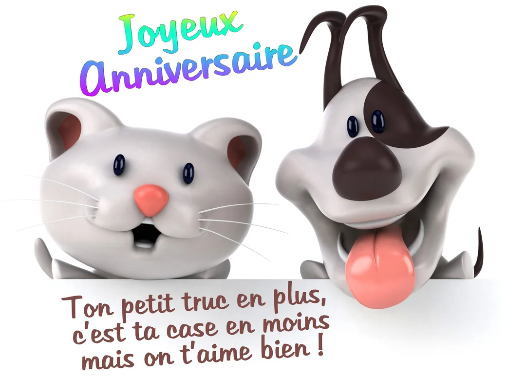 Un chat blanc et un chien marron de style dessin animé sourient, avec un message d'anniversaire humoristique sur un fond blanc.