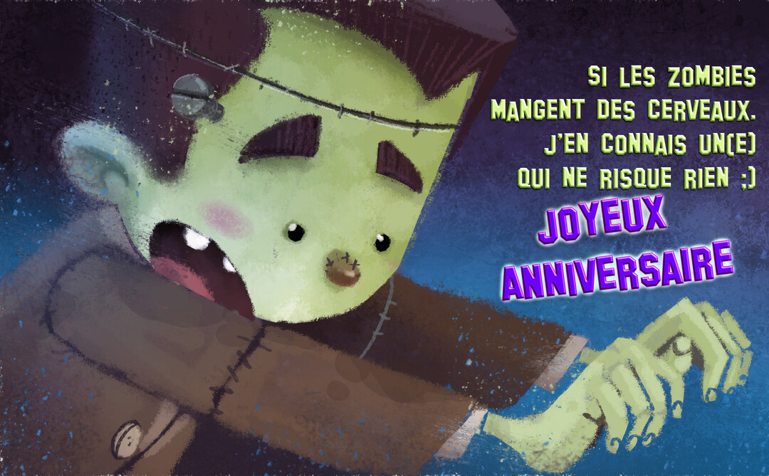 Une illustration d'un monstre vert de type Frankenstein, avec des cicatrices et un air ahuri, sur un fond bleu nuit texturé.