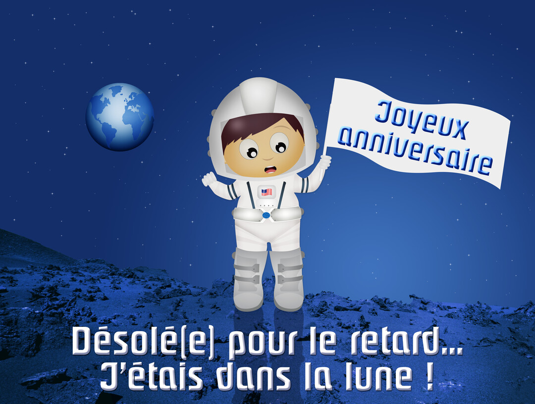 Un personnage d'astronaute en dessin animé se tient sur la lune, brandissant un drapeau 'Joyeux anniversaire' avec la planète Terre en arrière-plan.