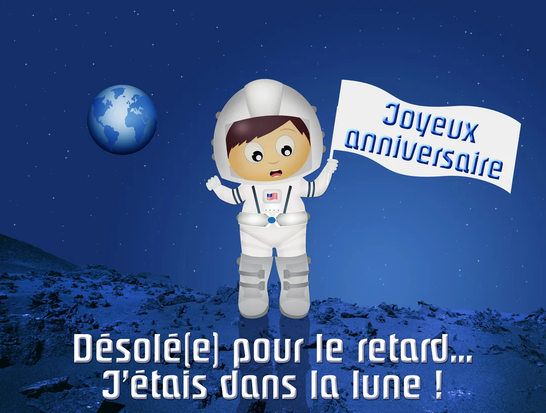 Un personnage d'astronaute en dessin animé se tient sur la lune, brandissant un drapeau 'Joyeux anniversaire' avec la planète Terre en arrière-plan.
