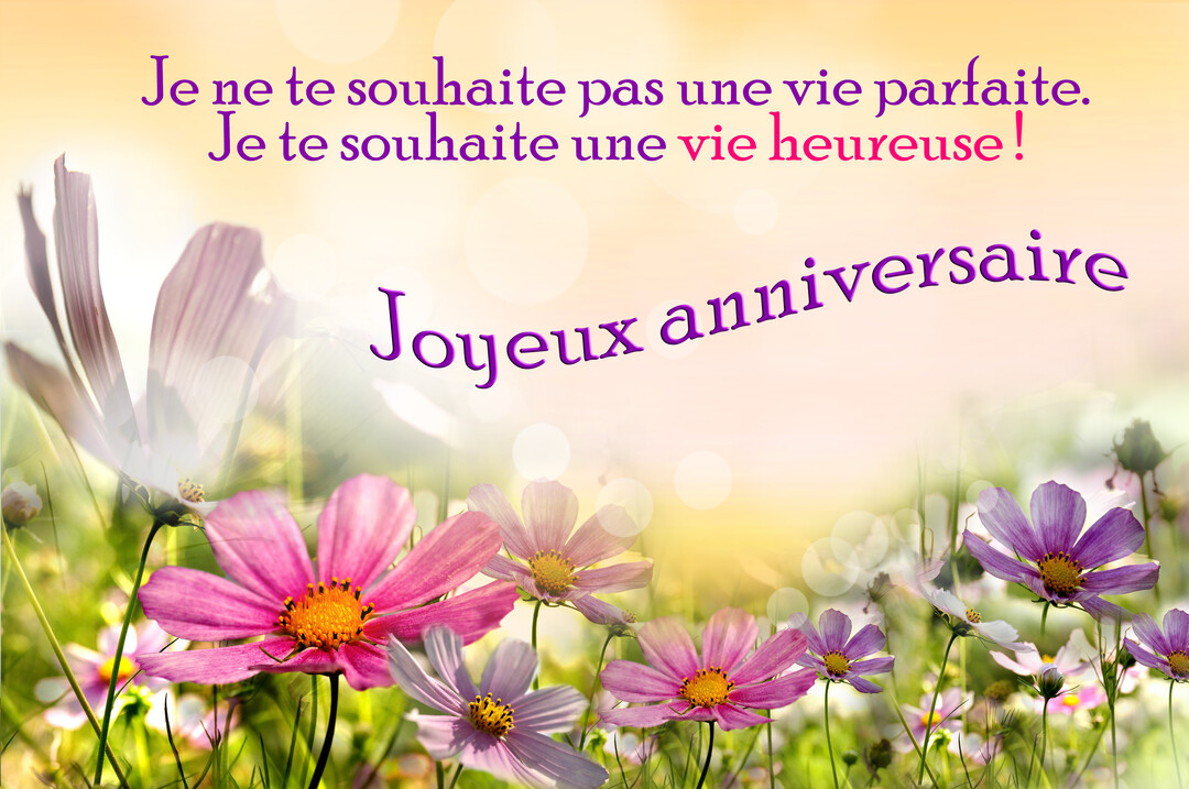 Carte d'anniversaire illustrée d'un parterre de fleurs de cosmos roses et mauves, sur un fond jaune lumineux avec des vœux inspirants.