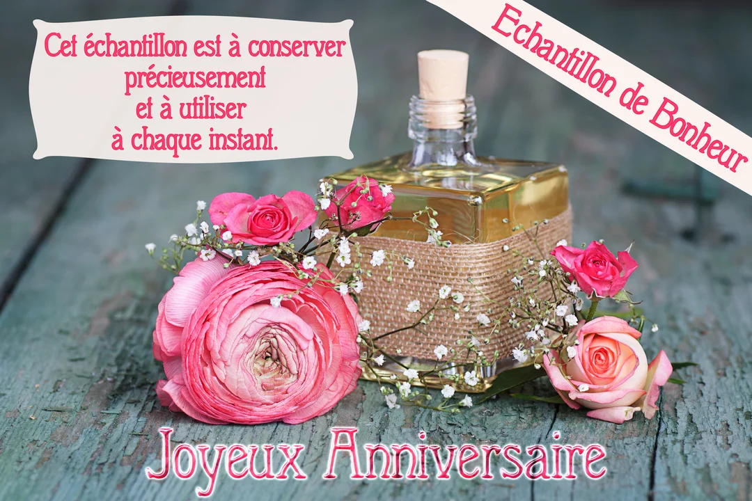 Une composition de style rustique montre un flacon d'élixir entouré de roses sur une table en bois vieilli, illustrant un vœu d'anniversaire.