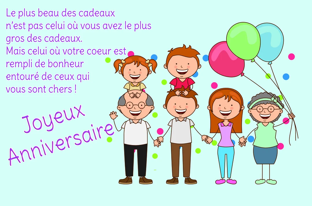 Une illustration joyeuse représente une grande famille de trois générations, souriante, se tenant la main sous des confettis et des ballons colorés.