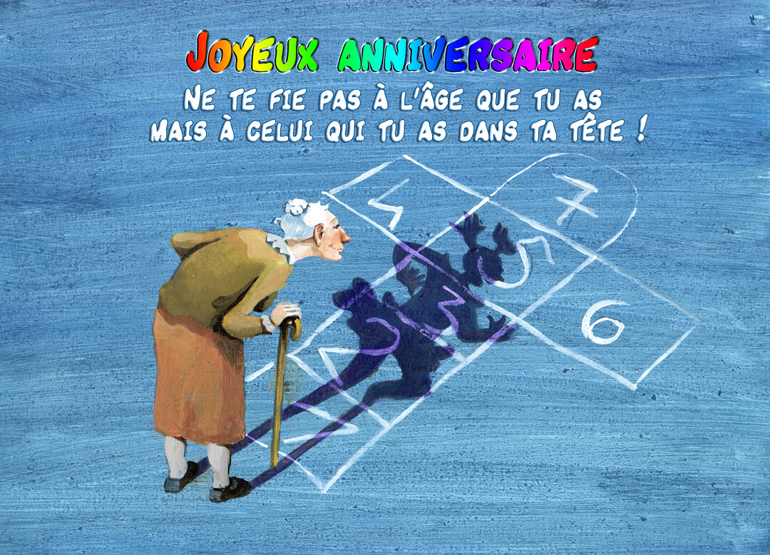 Une vieille dame courbée sur sa canne regarde son ombre qui a la forme d'un enfant en train de sauter à la marelle.
