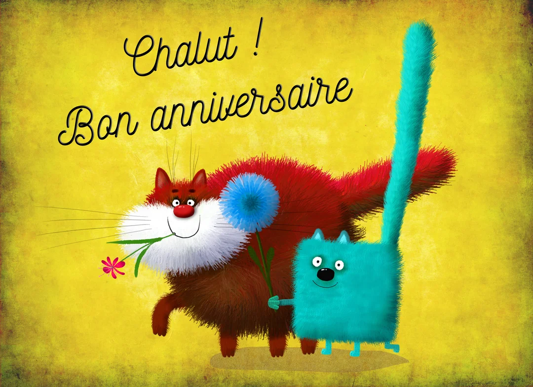 Deux chats de dessin animé, un rouge et un turquoise, se sourient sur un fond jaune texturé, avec le texte 'Chalut ! Bon anniversaire'.
