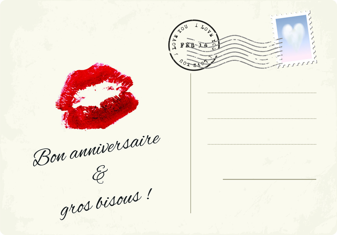 Une carte postale ancienne avec une empreinte de lèvres rouges, un timbre-poste et un texte manuscrit souhaitant un bon anniversaire et de gros bisous.