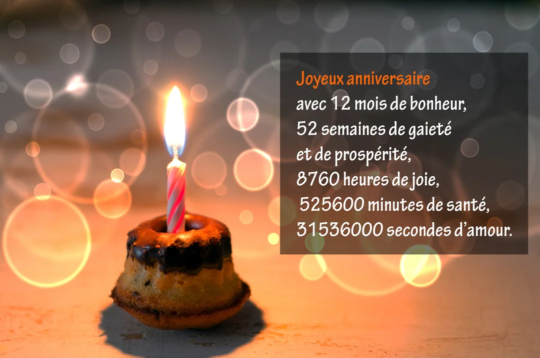Un petit gâteau d'anniversaire avec une bougie allumée, sur un fond chaleureux et lumineux avec un texte de vœux poétique.