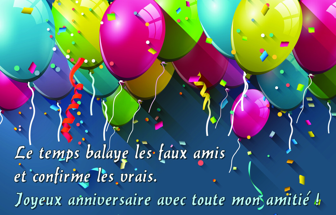 Une composition festive avec de nombreux ballons de baudruche multicolores, des confettis et des serpentins flottant sur un fond bleu foncé.