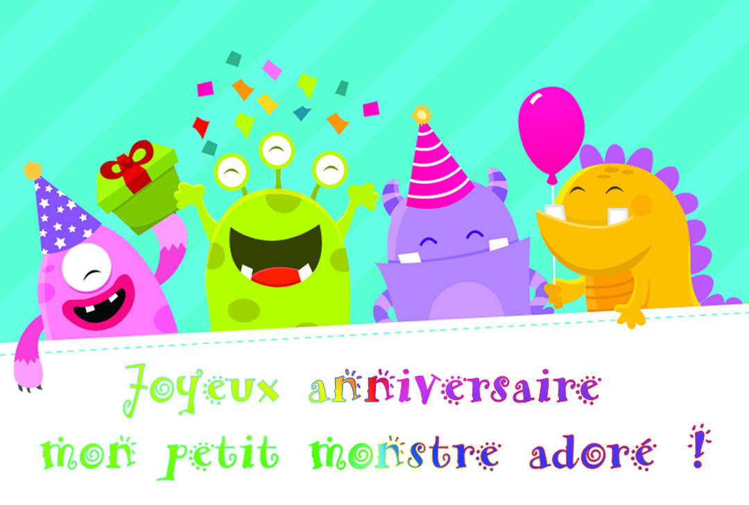 Quatre sympathiques monstres de dessin animé, coiffés de chapeaux de fête, célèbrent un anniversaire avec des confettis, un cadeau et un ballon.