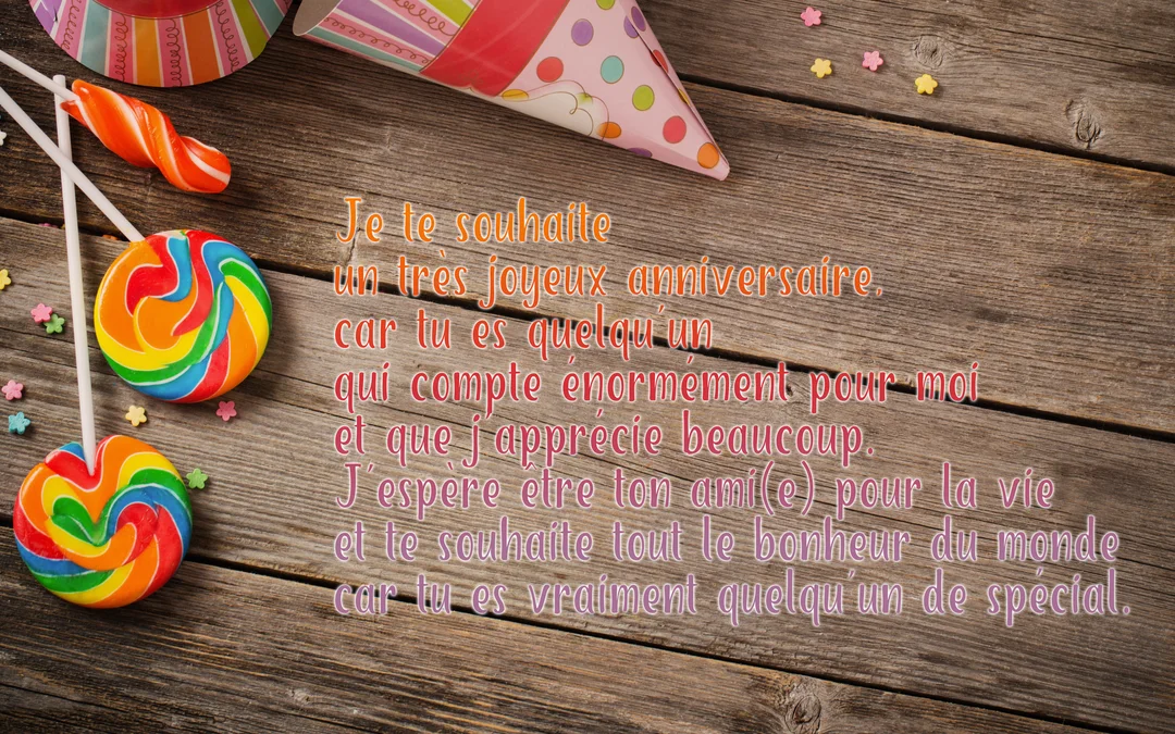 Une composition festive pour un anniversaire avec des sucettes multicolores, des chapeaux pointus et des confettis, sur une table en bois rustique.