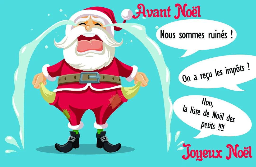 Un Père Noël de dessin animé pleure à chaudes larmes, bouche grande ouverte, en montrant ses poches vides et rapiécées sur un fond turquoise.