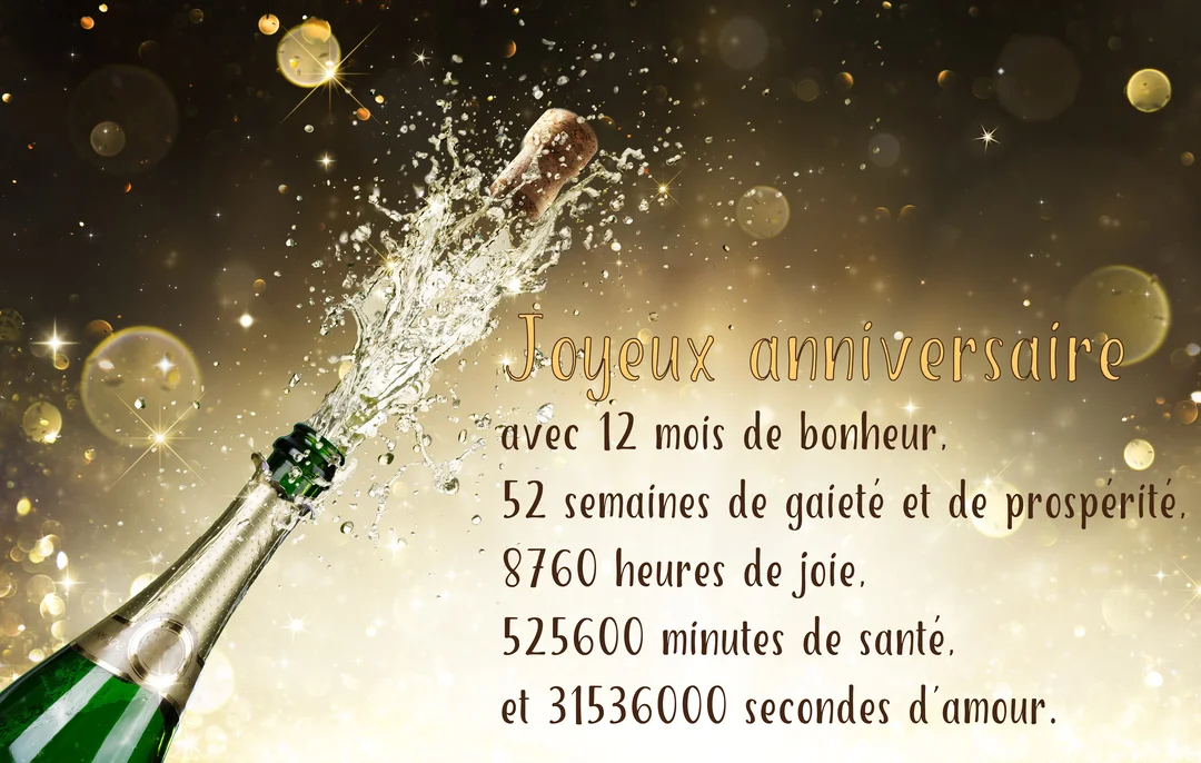Une bouteille de champagne explose dans un éclat de liquide sur un fond brun scintillant d'or, à côté d'un poème d'anniversaire.