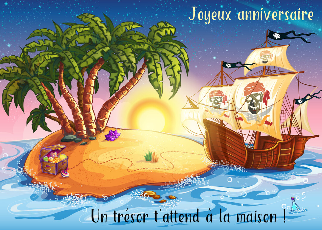 Une illustration de style dessin animé montrant un bateau pirate arrivant sur une île avec un coffre au trésor ouvert au crépuscule.