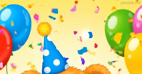 Quatre oursons en peluche souriants avec des chapeaux de fête et des nœuds papillon, tenant des gâteaux d'anniversaire roses sur un fond festif.