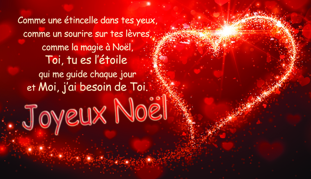 Un grand cœur lumineux formé de paillettes dorées sur un fond rouge intense parsemé de petits cœurs et de lueurs scintillantes.