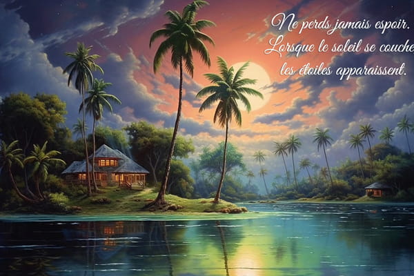 Carte de citation sur l'espoir avec un paysage tropical au crépuscule, des palmiers, et le texte : 'Ne perds jamais espoir. Lorsque le soleil se couche, les étoiles apparaissent.'