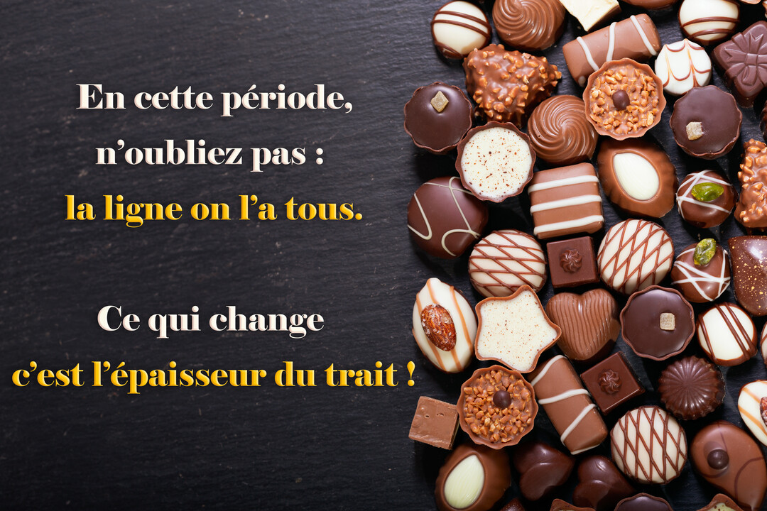Un assortiment de chocolats variés, blancs, au lait et noirs, est disposé sur une surface sombre texturée à côté d'un message humoristique.