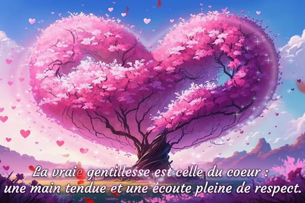 Carte avec citation sur la gentillesse. Un arbre en forme de cœur avec des fleurs roses, et des petits cœurs flottant dans le ciel.