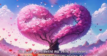 Carte avec citation sur la gentillesse. Un arbre en forme de cœur avec des fleurs roses, et des petits cœurs flottant dans le ciel.