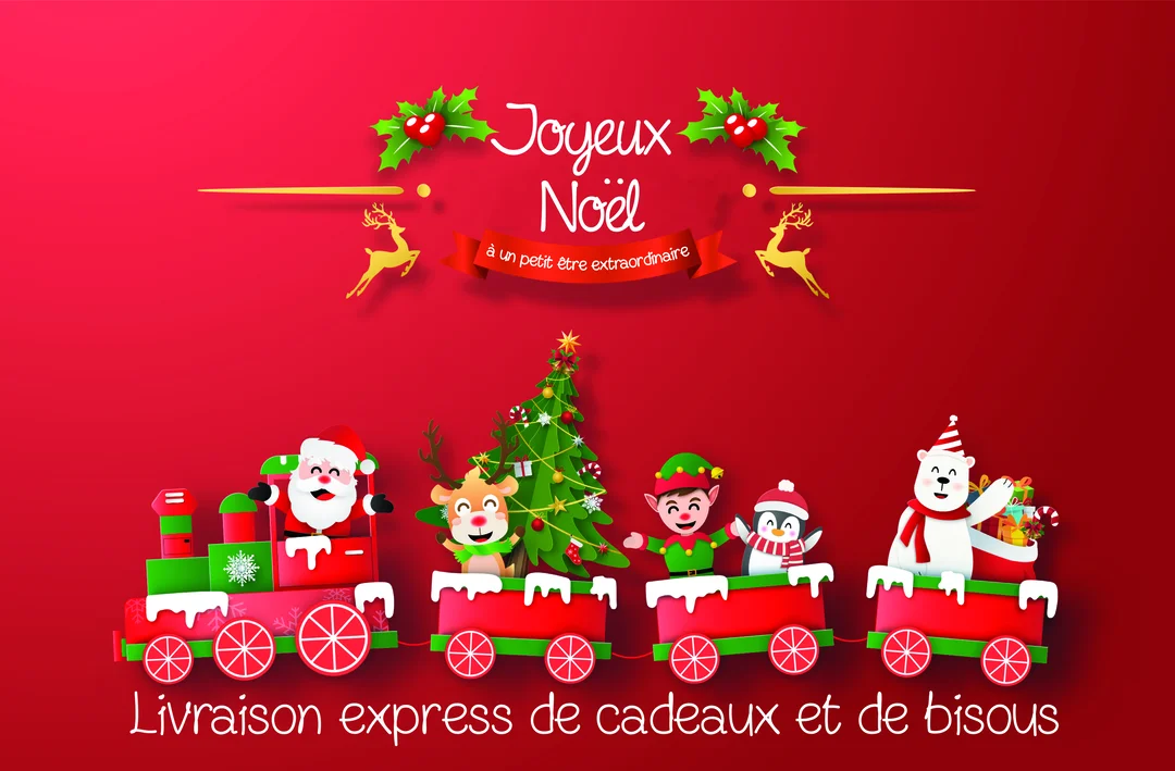 Sur un fond rouge, le Père Noël conduit un train de Noël coloré avec un renne, un lutin, un pingouin et un ours polaire.