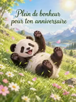 Un jeune panda roule sur le dos sur une colline verte ensoleillée, les quatre pattes en l'air. Des brins d'herbe et de petits pétales l'accompagnent. Texte : « Plein de bonheur pour ton anniversaire ».