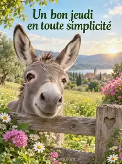 Un âne gris aux grandes oreilles passe la tête au-dessus d'une clôture basse en bois, devant un pré fleuri au soleil du matin. Texte : « Un bon jeudi en toute simplicité ».