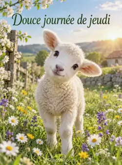 Un agneau blanc incline la tête au milieu de fleurs sauvages dans une prairie ensoleillée. Texte : « Douce journée de jeudi ».