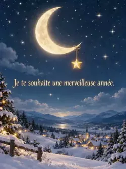 Grand croissant de lune lumineux dans un ciel bleu nuit étoilé, avec une étoile dorée suspendue par un fin ruban à sa pointe inférieure. Des collines enneigées s'étendent en bas. Texte : « Je te souhaite une merveilleuse année. »