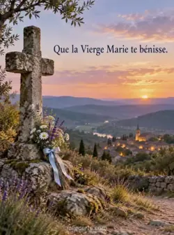Croix ancienne en pierre au bord d'un chemin sur une colline au crépuscule. Des fleurs sauvages et de la lavande nouées de rubans bleu pâle reposent à son pied, au-dessus d'un village éclairé. Texte : « Que la Vierge Marie te bénisse. »