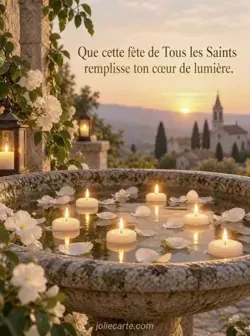 Petites bougies blanches flottant parmi des pétales blancs dans un bassin rond en pierre ancienne, leurs flammes reflétées sur l'eau calme. Texte : « Que cette fête de Tous les Saints remplisse ton cœur de lumière. »