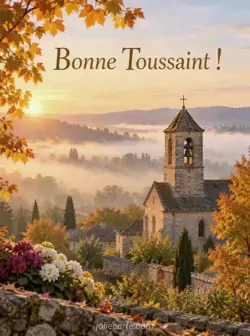 Clocher en pierre d'une église de campagne émergeant de la brume matinale, avec les toits et les arbres d'automne éclairés par l'aube dorée. Texte : « Bonne Toussaint ! »