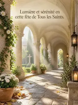 Cloître ancien en pierre aux arches arrondies, avec des plantes en pot et quelques feuilles tombées. La lumière du matin éclaire les dalles. Texte : « Lumière et sérénité en cette fête de Tous les Saints. »