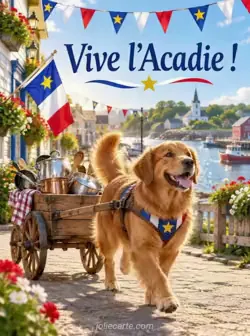 Retriever roux tirant un petit chariot en bois rempli de casseroles et de cuillères en bois, dans une rue côtière décorée de fanions. Texte : « Vive l'Acadie ! »