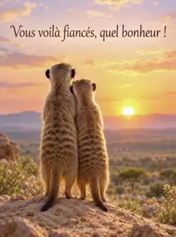 Deux suricates debout côte à côte sur une butte de sable s'appuient l'un contre l'autre face au soleil levant. Texte : « Vous voilà fiancés, quel bonheur ! »