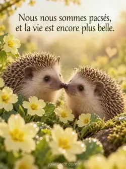 Gros plan de deux petits hérissons se touchant le museau parmi des primevères jaunes couvertes de gouttes de rosée, dans une lumière dorée. Texte : « Nous nous sommes pacsés, et la vie est encore plus belle. »