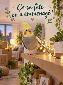 Calopsitte à la huppe dressée tirant une guirlande lumineuse avec une patte sur une étagère en bois, près d'une plante grasse. Texte : « Ça se fête : on a emménagé ! »
